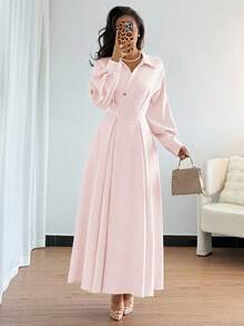 Rafferiza Women's Turndown Collar Drop Shoulder Long Sleeve Waist Gathered A-Line Dress, Suitable For Outings, Vacations, Holidays, And Travels Long Sleeve Elegant Dress Dress Modest - Pink - View 6