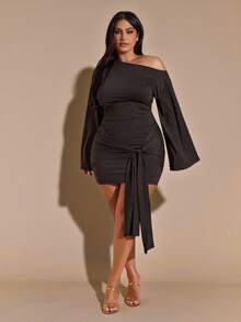 SHEIN BAE 大码女式纯色修身长袖不对称肩部连衣裙 - 棕色 - 查看 2
