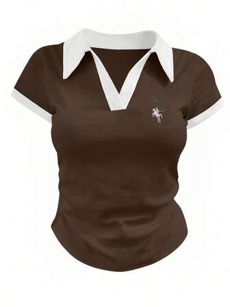 Rina Fox 女式撞色边刺绣休闲短袖T恤，夏季