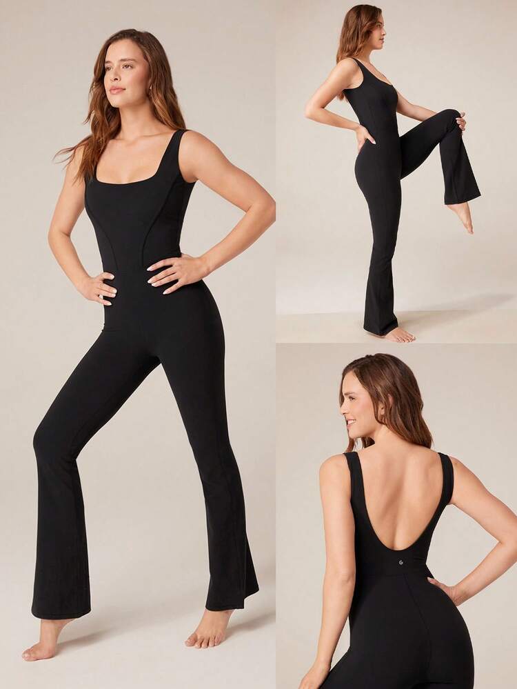 31" FeatherFit™ Tummy Control U-Back Square Neck Flare Jumpsuit Low Impact Yoga Pilates Daily Removable Cups