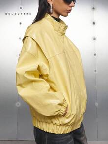 LYSMO SELECTION 2025 New Arrive Minimalism Fall Women's Butter Yellow Solid Color Drop Shoulder Long Sleeve Zipper Front PU Leather Casual Bomber Jacket Women For Going Out Outfits, Graduation, Grunge And Punk Chic, Vintage Chic Back To School, Homecoming, 2000s Style, Y2K Clothes Women, Streetwear