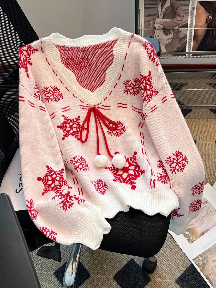 SHEIN LUNE 秋冬女式休闲百搭新款圣诞毛衣 V领长袖雪花图案宽松休闲毛衣 红白配色 冬季女装 秋季女装 圣诞新年 - 彩色 - 查看 1