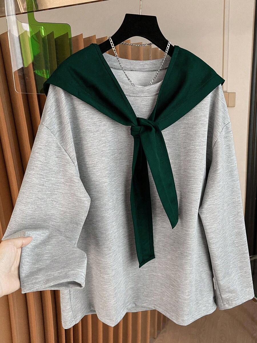 INAWLY 女式休闲拼色长袖套头衫 - 墨綠色 - 查看 1