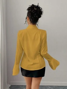 Chiquease Women's Casual Elegant Daily Versatile Cinched Waist Bell Sleeve White Striped Shirt, Autumn/Winter