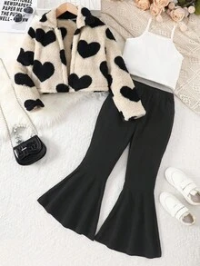 Elladie kids 3 件套青少年女孩冬季新装：2-25 白色吊带背心、蓬松心形印花夹克、休闲喇叭裤、简约而时尚的家居服、户外、通勤多功能防寒套装秋季 - 卡其色 - 查看 4