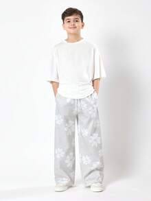 Quần nỉ ống rộng in hoa SUMWON, quần jogger cạp chun có dây rút, quần thoải mái cho sinh hoạt hàng ngày, trang phục thể thao cho giới trẻ, trang phục thường ngày cho mùa thu đông. - Màu Xám nhạt - Xem 3