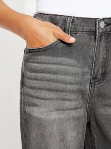 Radiana Tween 女童 Y2K 时尚复古水洗高腰猫须水洗宽松直筒牛仔裤，Tween 女童秋冬装返校街头服饰 - 灰色 - 查看 4