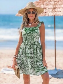 Sylviya 夏季度假风格细肩带女士热带印花迷你连衣裙 - 綠色 - 查看 4