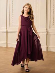 青少年女孩雪纺无袖不对称下摆连衣裙，腰带和蝴蝶结，甜美优雅，适合花童、婚礼、舞会、生日派对、圣诞节、万圣节、毕业典礼 - 酒紅色 - 查看 7