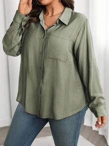 Vionelle Áo sơ mi tay dài màu trơn đa năng cỡ lớn - màu xanh lá - Xem 5