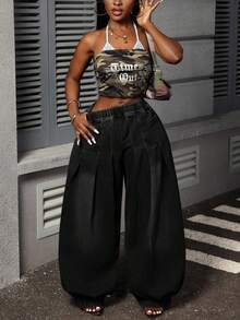 Slaydiva Women's Casual Washed Pleated Wide Leg Jeans - Black - View 7