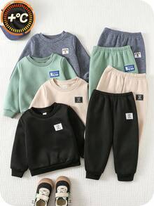 8 قطعة/طقم ملابس أطفال ولادي من البلوزات ذات الرقبة الطاقم والبنطلونات المبطنة بالفليس ذات اللون الأحادي، طويلة الأكمام، مريحة وعملية للارتداء اليومي العادي، مناسبة للداخل والخارج والرياضة واللعب والحفلات والتصوير في فصلي الخريف والشتاء