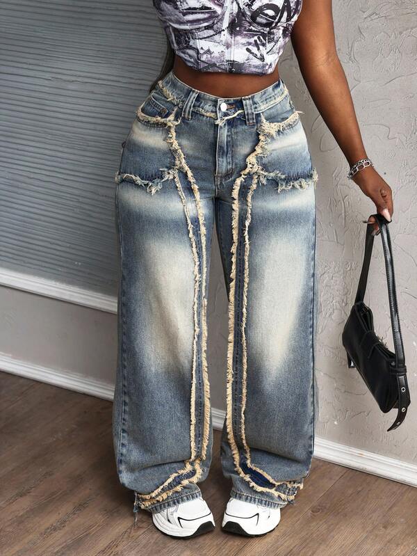 SHEIN SXY Plus Size Women Y2K Streetwear Style Frayed Hem Distressed Jeans
