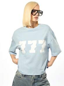 SUMWON WOMEN Oversized Modern Number 777 Graphic Short Sleeve Cotton Tee Relaxed Fit Crew Neck Casual Streetwear Fashion Statement Top For Summer Fall