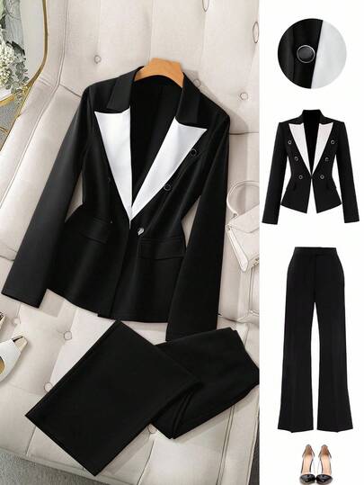 GlowEve CURVE Plus Size Women's Contrast Color Design Blazer Jacket And Minimalist Straight Leg Pants 2 Piece Set, Elegant Professional Commuter Outfit, Business Casual
