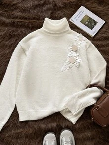 SHEIN Unity Suéter de Lã Elegante Off-White com Gola Alta para Mulheres,Malha Quente de Manga Longa com Bordado de Contas,Estilo Vintage para Brunch,Encontros&Festas - Bege - Visão 3
