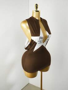 Mistrie Váy mini in hình ngôi sao mùa thu mới, thiết kế màu tương phản khoét sâu gợi cảm dành cho nữ - Cà phê - Xem 5