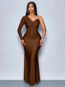 SOLERSUN 女士冬季服装适合圣诞派对度假和约会、情人节约会时尚优雅不对称领口美人鱼下摆紧身性感长裙，酒红色女装 - 咖啡 - 查看 3