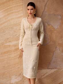 Modelyn 女士时尚优雅系带领长袖修身毛衣裙 - 米色 - 查看 6