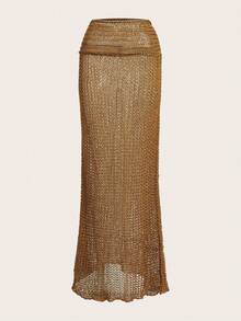 SHEIN Tall Váy len dáng đuôi cá ôm sát, màu trơn cổ điển, phong cách thường ngày và thời trang, thích hợp cho mùa xuân/hè/váy maxi/dự tiệc/đi biển. - màu nâu - Xem 15