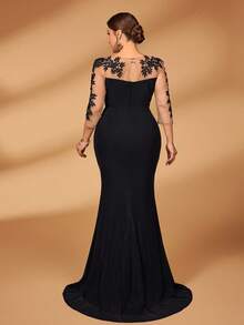 Serin Plus Size Elegant Luxurious Embroidered Lace Sheer Long Sleeve Elastic Knit Mesh Ruched Ruffle Mermaid Dress, Suitable For Weddings, Parties, Vacations, Galas, Mother Of The Bride Gown