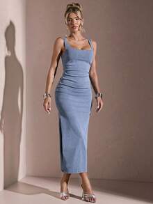 SHEIN BAE 女式方领褶皱侧开衩无袖修身牛仔连衣裙 - 淺色水洗藍 - 查看 5