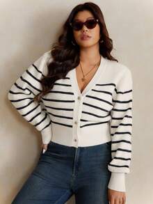 Elaquor 秋季大码休闲通勤条纹开衫 - 藍白色 - 查看 7