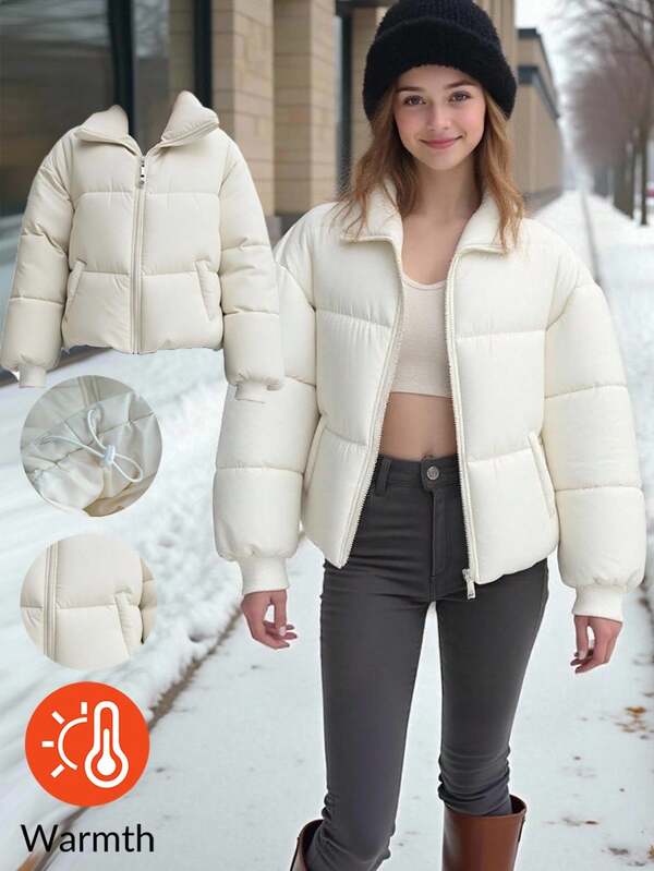 SHEIN Teen Girl Winter White Beige Collar Zip Pocket Loose Casual Jacket White Puffer Jacket Puffer Jacket Winter Jacket Warm Jacket Jacket For Winter/White Regular Basic Style Versatile Stand-Up Collar Short Style With Thick Velvet Inside Frenchy Short Style Winter Coat, Casual Street, Suitable For A Variety Of Occasions, Back To School Teen Girl Jacket Girls Winter Jacket Jacket Winter Jacket Teen Fall