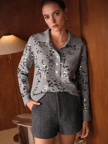 MOTF PREMIUM 女式亮片装饰领毛衣，奢华休闲，秋冬 - 灰色 - 查看 6