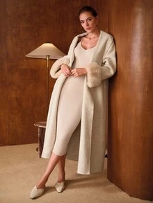 MOTF PREMIUM WOOL SHAWL COLLAR FUZZY CUFF BELTED OVERCOAT - Beige - View 5