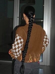 SHEIN ICON Suéter de hombros caídos con estampado de fuego y letras, estilo bikercore de primavera - Marrón - Ver 2