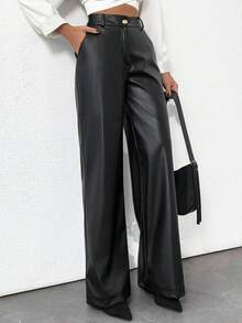 EURMUSE Gold Button Detailed Straight Fit PU Leather Pants - Black - View 5