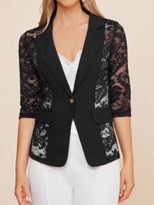 Amorya Áo khoác blazer mỏng phối ren trơn màu thanh lịch dành cho nữ mùa thu/đông - màu đen - Xem 5