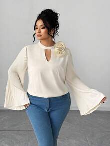 SHEIN Elenzya 大码女式纯色圆领褶袖优雅衬衫，适合日常穿着和派对，春秋季长袖 - 杏色 - 查看 1