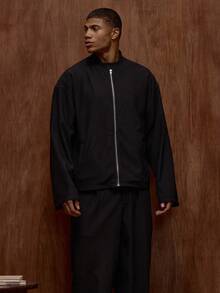 Musero Regular Fit Drop Shoulder Long Sleeve Baseball Collar Zip Through Jacket Fall/Autumn Winter - Black - View 1