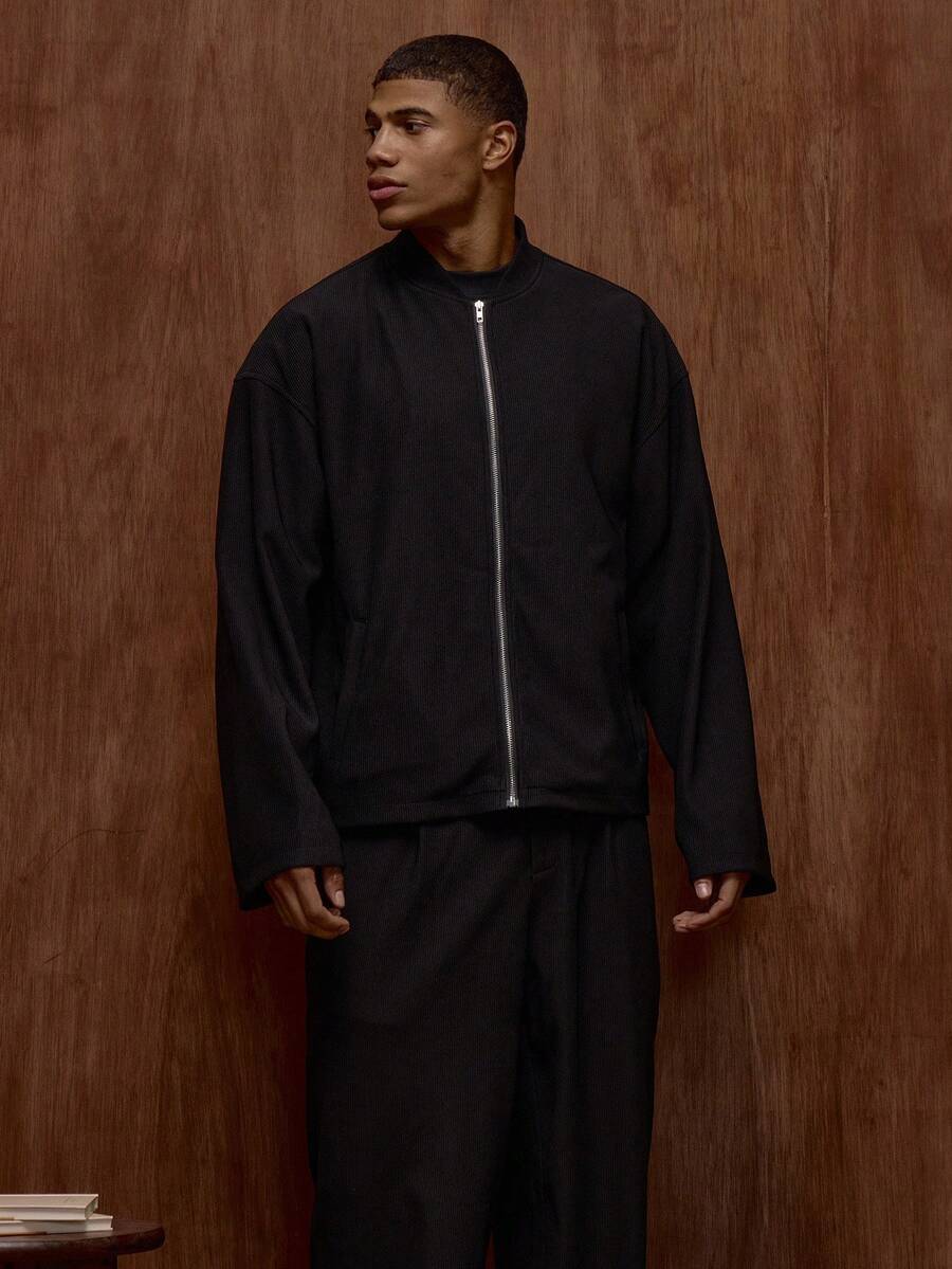 Musero Regular Fit Drop Shoulder Long Sleeve Baseball Collar Zip Through Jacket Fall/Autumn Winter - Black - View 1