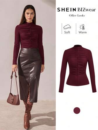 BizChic 2025 Autumn/Winter New Burgundy Mandarin Collar Ruched Front Mesh Fabric Blouse, Elegant Chic Business Casual Office Wear, Versatile All-Match Romantic Style, Suitable For Formal Occasions Like Weddings, Concerts, Breakfast/Lunch, Airport, National Day, New Year, Christmas, Halloween,Red Top
