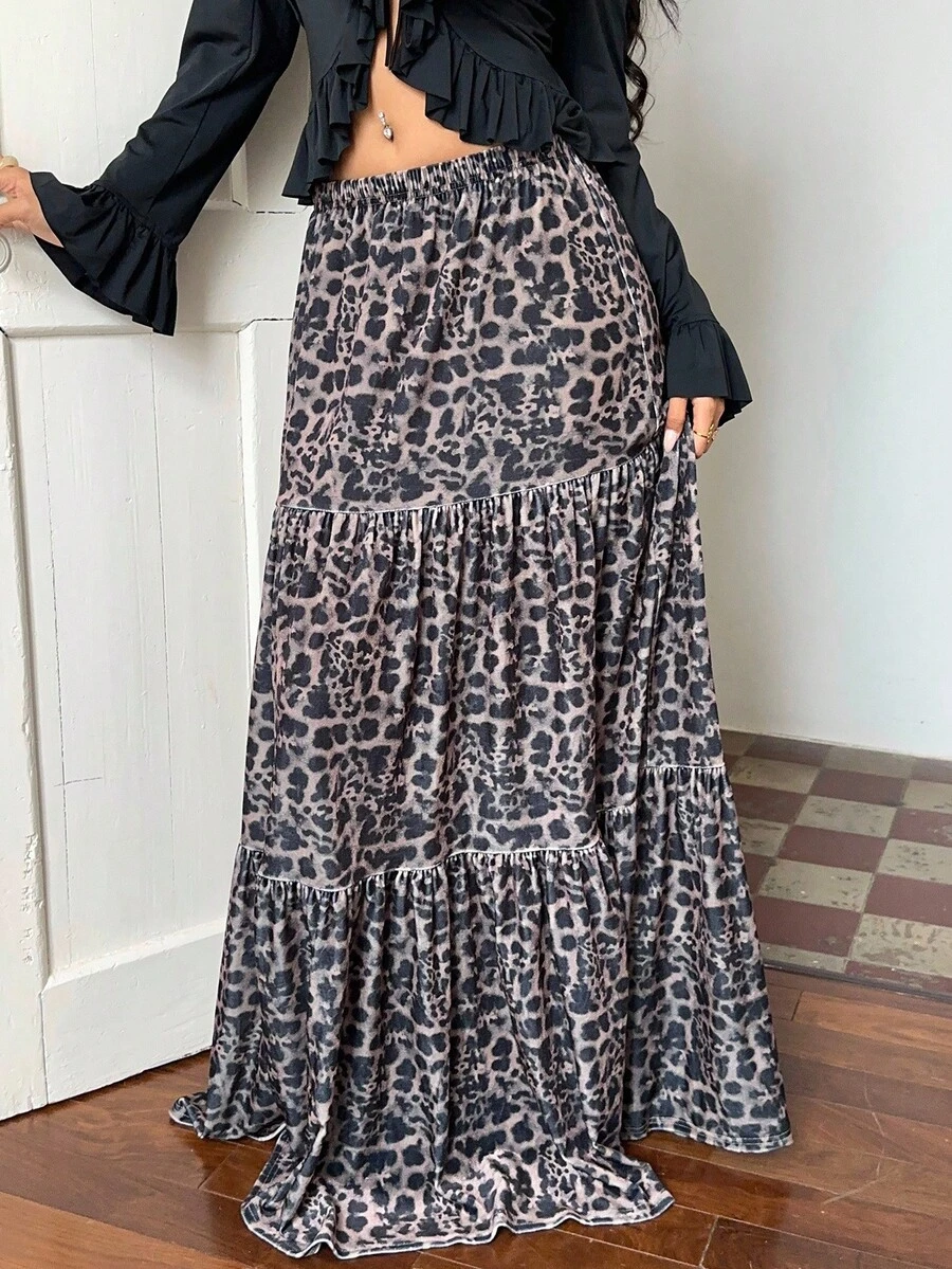 Sunnyshic Velvet Leopard Print Layered Ruffle Patchwork Skirt, Bohemian Elegant Cute Fashion Versatile For Work, Casual, Date, Autumn/Winter - Multicolor - View 1