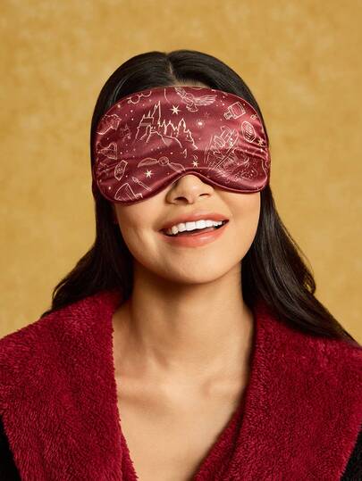 HARRY POTTER X SHEIN 1 Pc All-Over Print Satin Eye Mask, Plus Size, Good Blackout Effect, Soft Material, Comes With Storage Bag, Convenient And Hygienic,Christmas,Gift Ideas
