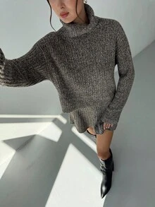 Aloruh 女式复古厚针织高领毛衣和迷你裙两件套，深灰色，百搭秋冬 - 灰色 - 查看 8