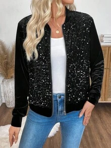 EMERY ROSE Women's Fashionable Commuter Sequin Patchwork Jacket In Fall/Winter,Cozy Fall And Winter Clothes For Women - Black - View 4