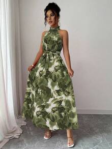 Elenzga Elegant Floral Print Dress, Suitable For Commuting And Island Vacation