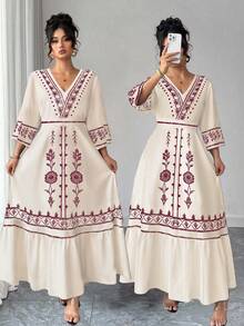 Elenzga Plus Size Women Placement Retro Print Beach Dress, Bohemian Style - Apricot - View 1