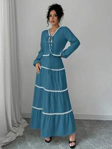 Rafferiza 2件套 法式优雅灯笼袖荷叶边蝴蝶结上衣和裙子 - 水鴨藍 - 查看 5