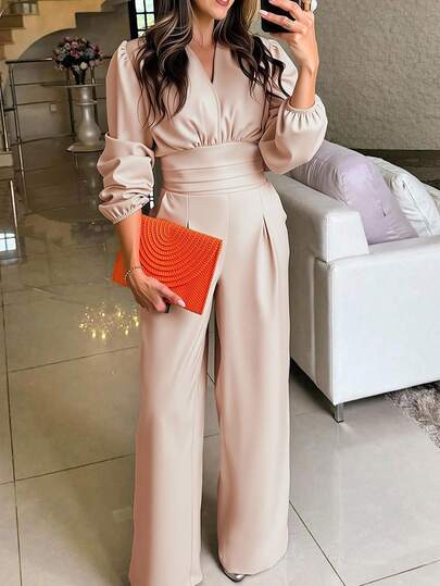 SHEIN CURVE+ 大码休闲通勤纯色阔腿连体裤