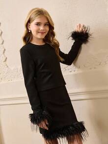 Girls Elegant Casual Round Neck Long Sleeve Fitted Fuzzy Ribbed Splice T-Shirt With High Waist Short Skirt Set, Back To School Outfit, Suitable For All Seasons, Christmas, Halloween Party Fall Winter - Black - View 6