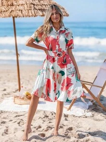 Sylviya Casual Women's Big Floral Open Front Short Sleeve Vacation Shirt Dress Summer Dresses For Women Summer Outfits For Women Derby Dress Business Casual Woman Vacation Dress