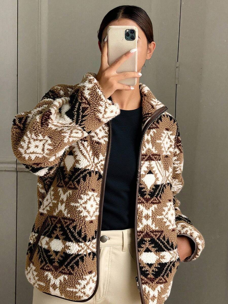 DAZY Women's Loose Casual Geometric Plaid Thermal Lined Jacket, Contrast Color Patchwork, Regular Fit, Suitable For Autumn & Winter