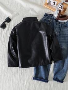 SHEIN 4-7 Years Old Young Boy Fashion Casual Minimalist Stand Collar Oblique Zipper Soft Hunting Jacket, Suitable For Camping, Retro Theme Parties, Outdoor Gatherings In Spring And Autumn Fall Winter