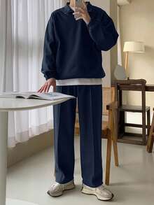 DAZY 男士纯色海军蓝半拉链套头衫套装（秋冬） - 藏蓝色 - 查看 3